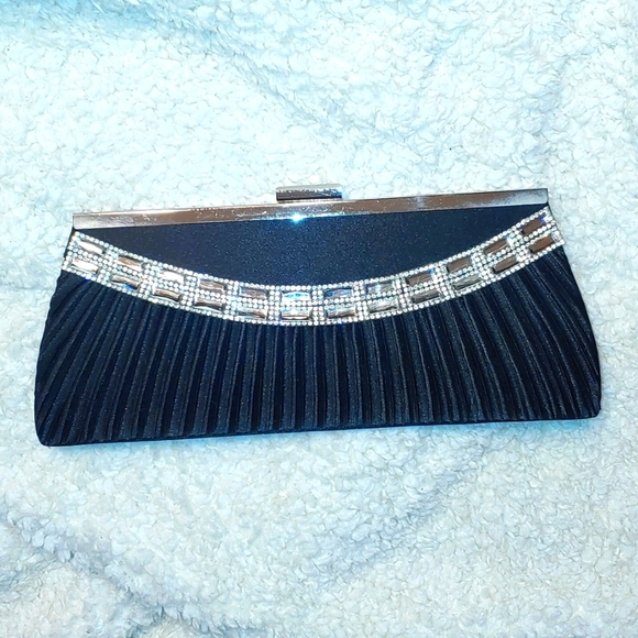 Rhinestone and Black Satin Evening Clutch with Braided Silver Chain - Picture 2 of 6